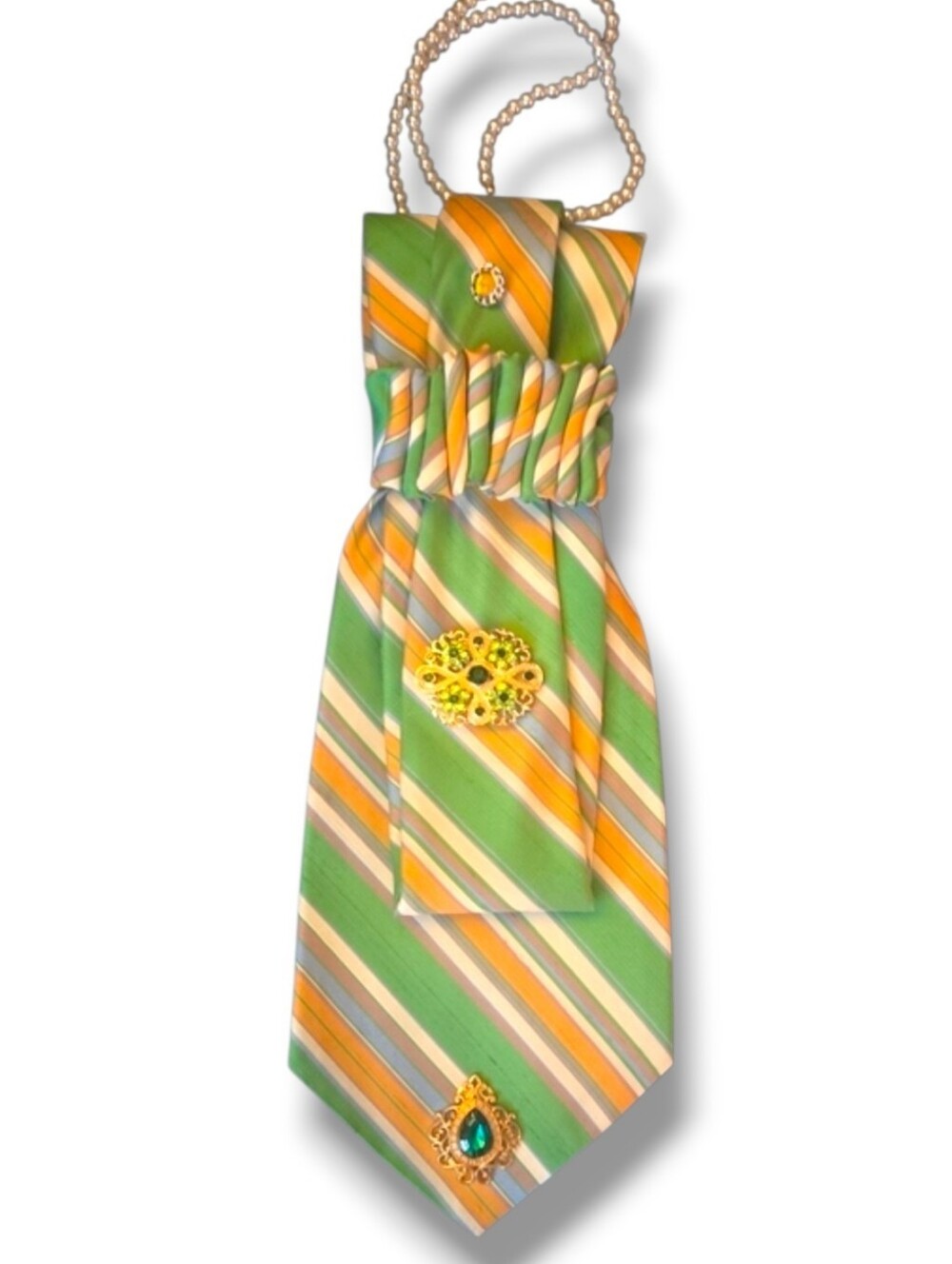 3/$60 Green and Yellow Striped Cravat with Decorative Brooches